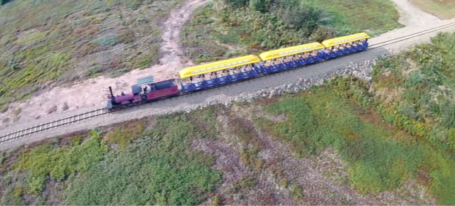 Aerial view of a train with a red locomotive and yellow passenger cars traveling on a track through a grassy landscape.